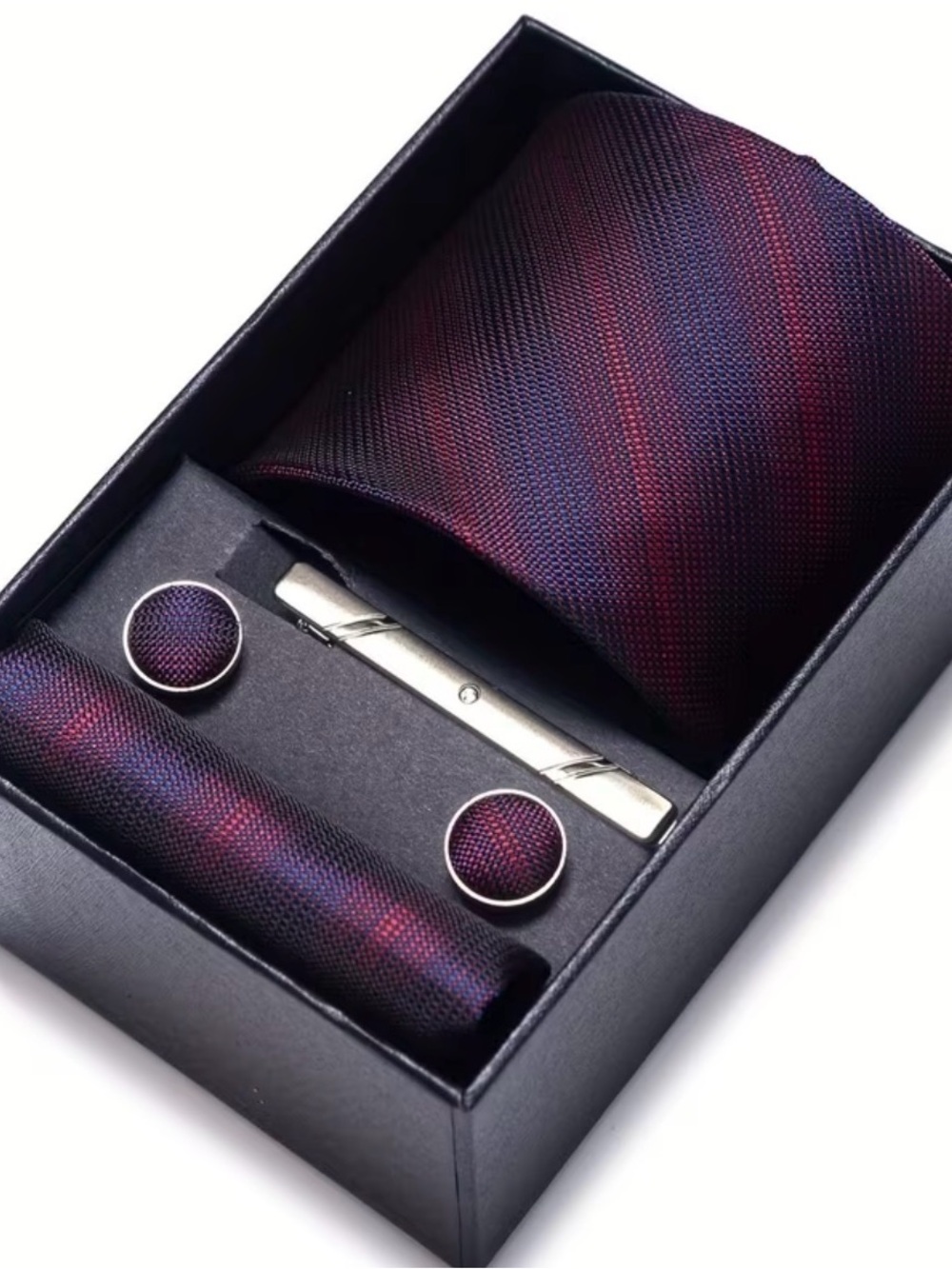 Men's Burgundy & Navy Striped Tie Set with Tie Clip and Cufflinks